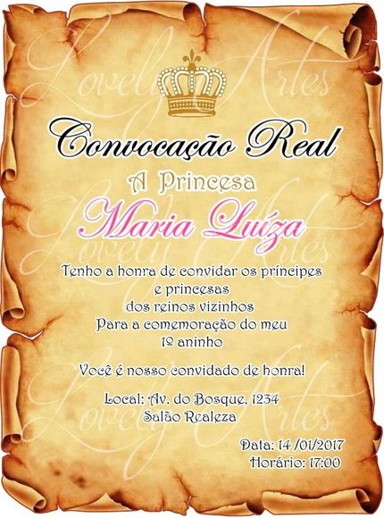 Convite Pergaminho Princesa Real Feitas Especialmente Para VocÃª