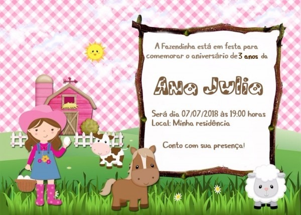 Arte Convite Digital Fazendinha Rosa Meninas Arte Convite Digital Fazendinha Rosa Meninas
