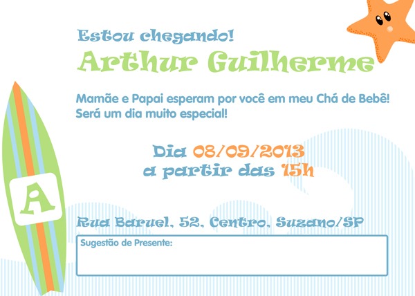 Convite ChÃ¡ De BebÃª Surf No Elo7