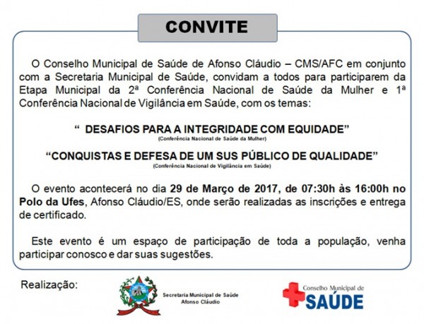 Convite Etapa Municipal Da 2ª Conferência Nacional Da Saúde Das Convite Etapa Municipal Da 2ª Conferência Nacional Da Saúde Das