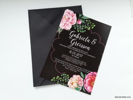A38 Convite De Casamento Preto Floral Com Envelope Preto A38 Convite De Casamento Preto Floral Com Envelope Preto