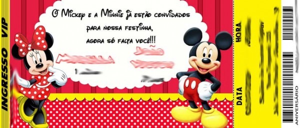 50 Convite Ingresso Mickey Minnie Juntos Disney AniversÃ¡rio