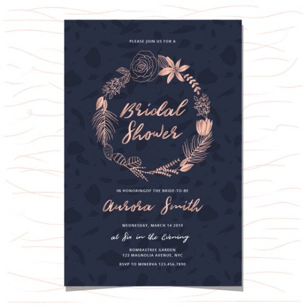Bridal Shower Invitation With Rose Gold Hand Drawn Floral Wreath