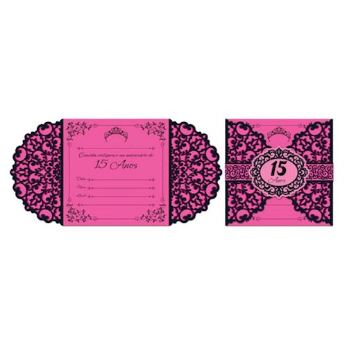 Convite 15 Anos Premiun Pink Preto 8 Und Convite 15 Anos Premiun Pink Preto 8 Und