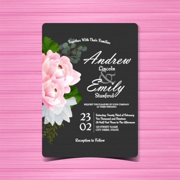Convite De Casamento Floral Preto Com Peônia Rosa Linda Convite De Casamento Floral Preto Com Peônia Rosa Linda